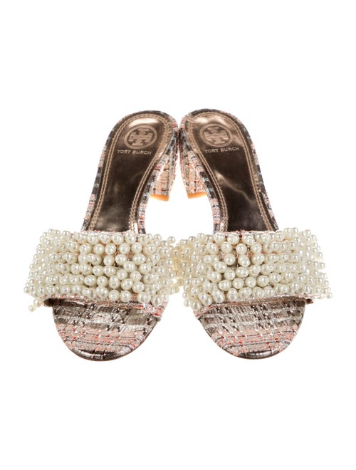 Tory Burch Faux Pearl Accents Tweed Pattern Slides
