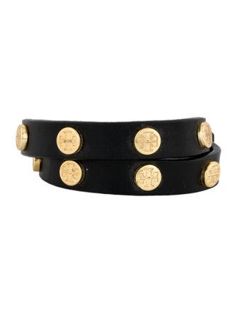 Tory Burch Leather Logo Studded Double Wrap Bracelet