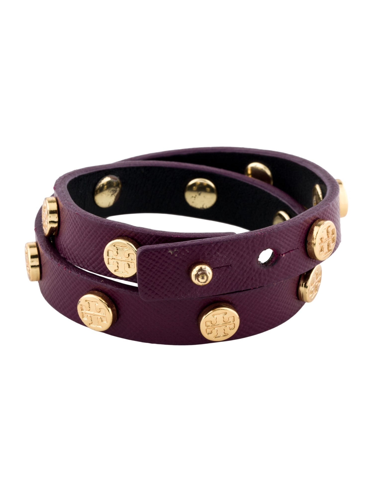 Tory Burch Leather Double Wrap Logo Studded Bracelet