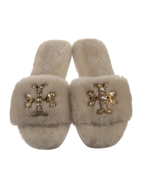 Tory Burch Shearling Crystal Embellishments Slides