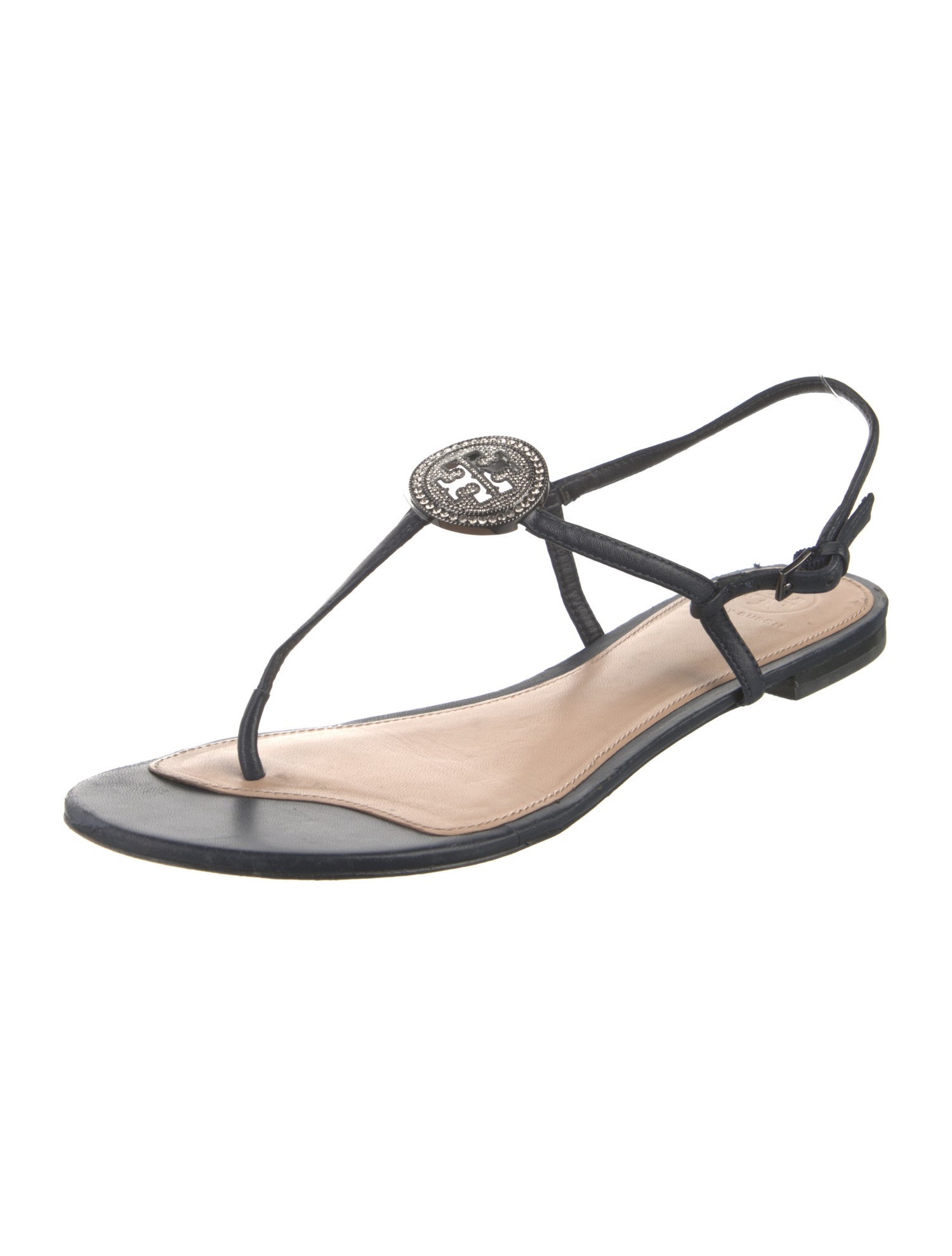 Tory Burch Leather Crystal Embellishments T-Strap Sandals