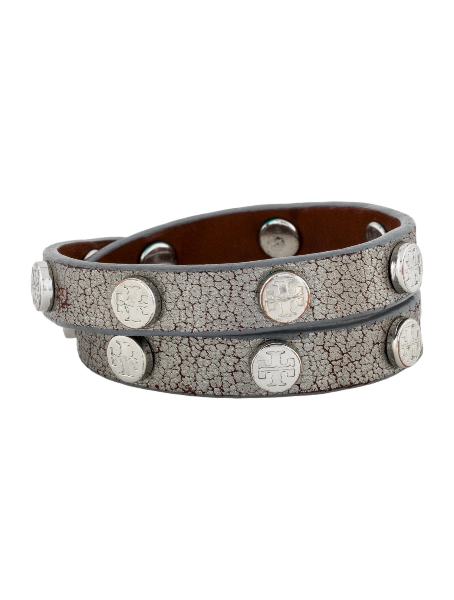 Tory Burch Leather Logo Studded Double Wrap Bracelet