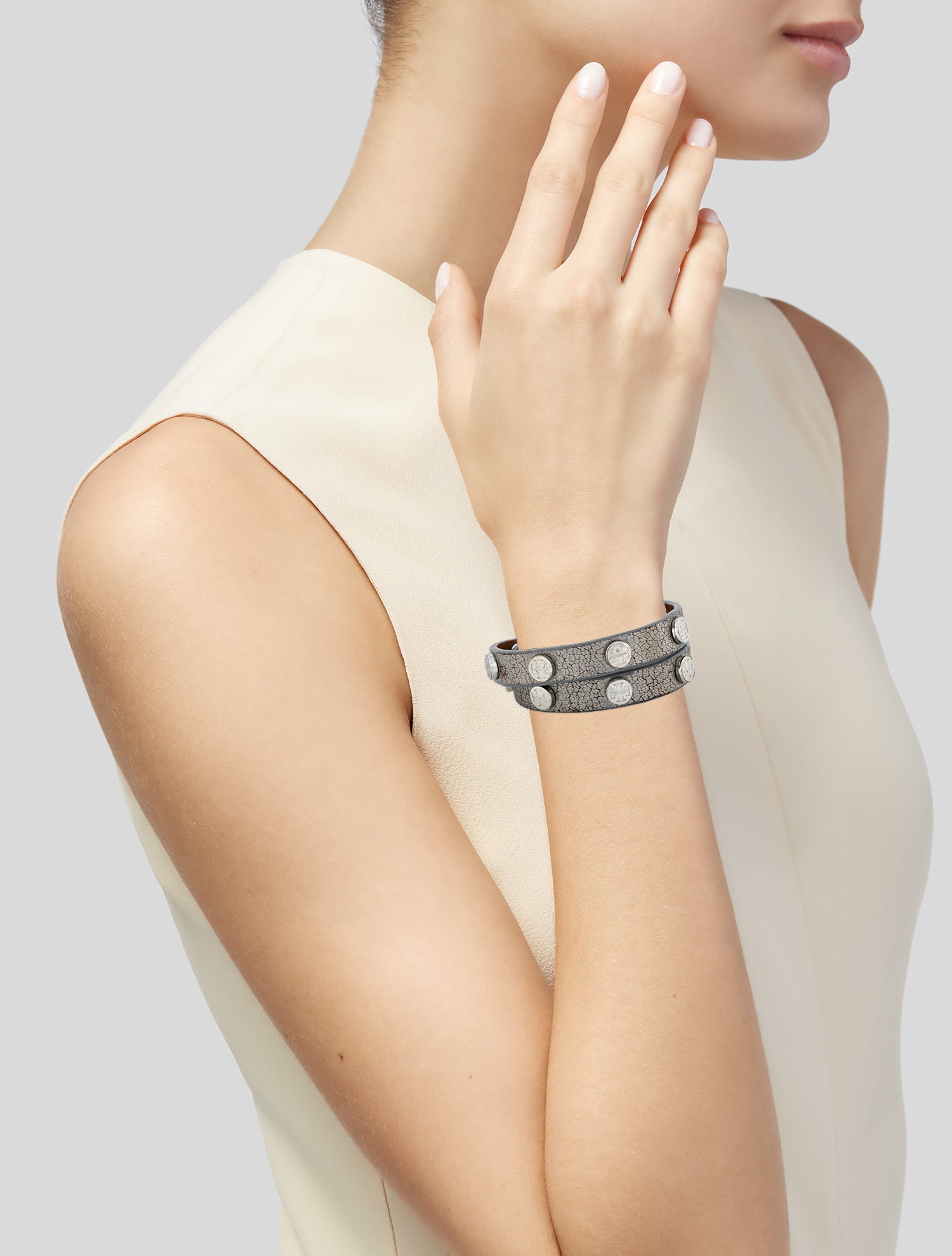 Tory Burch Leather Logo Studded Double Wrap Bracelet