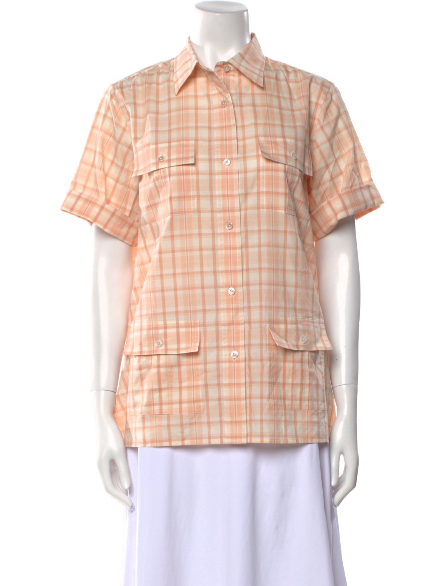 Tory Burch Plaid Print Short Sleeve Button-Up Top