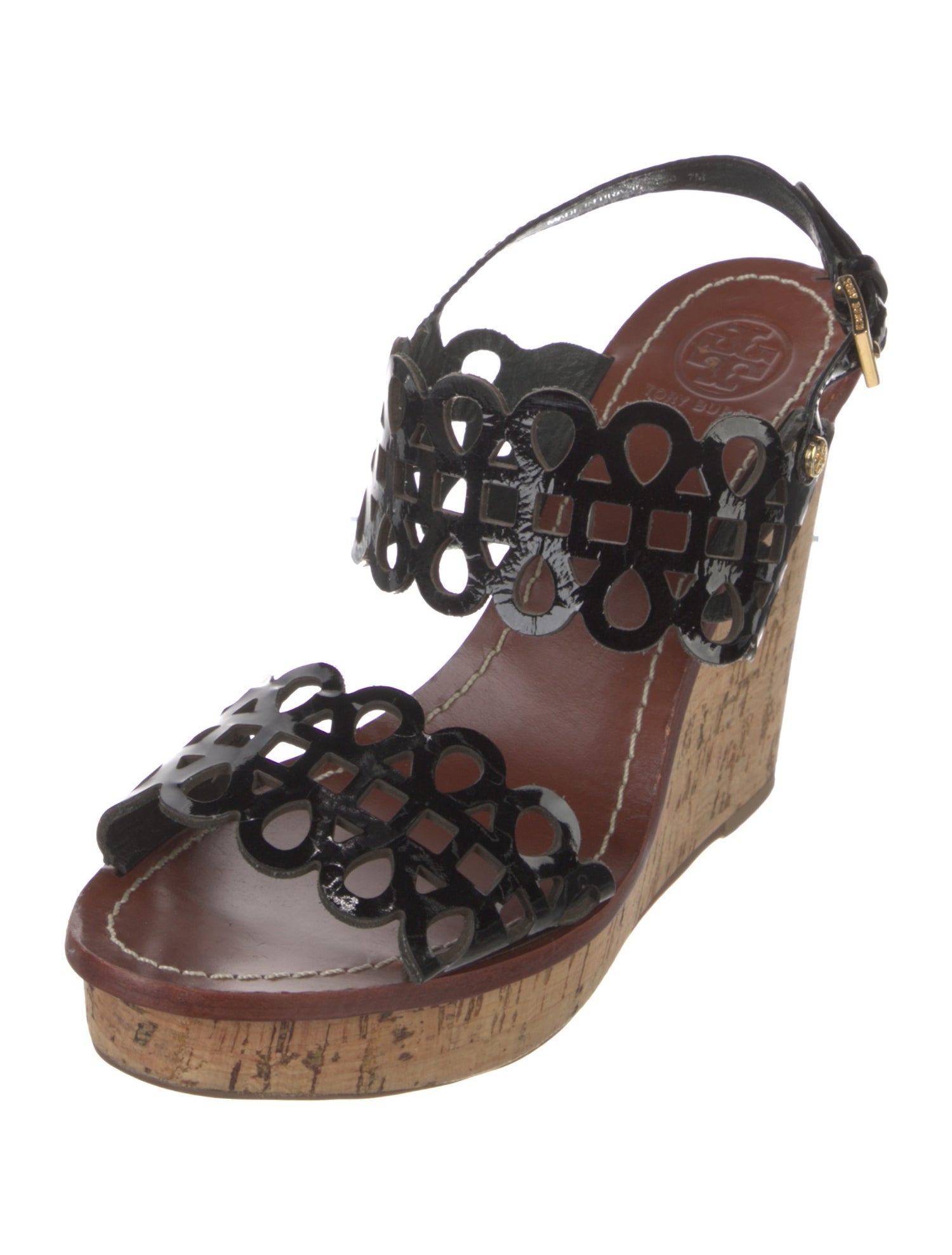 Tory Burch Patent Leather Lasercut Accents Slingback Sandals