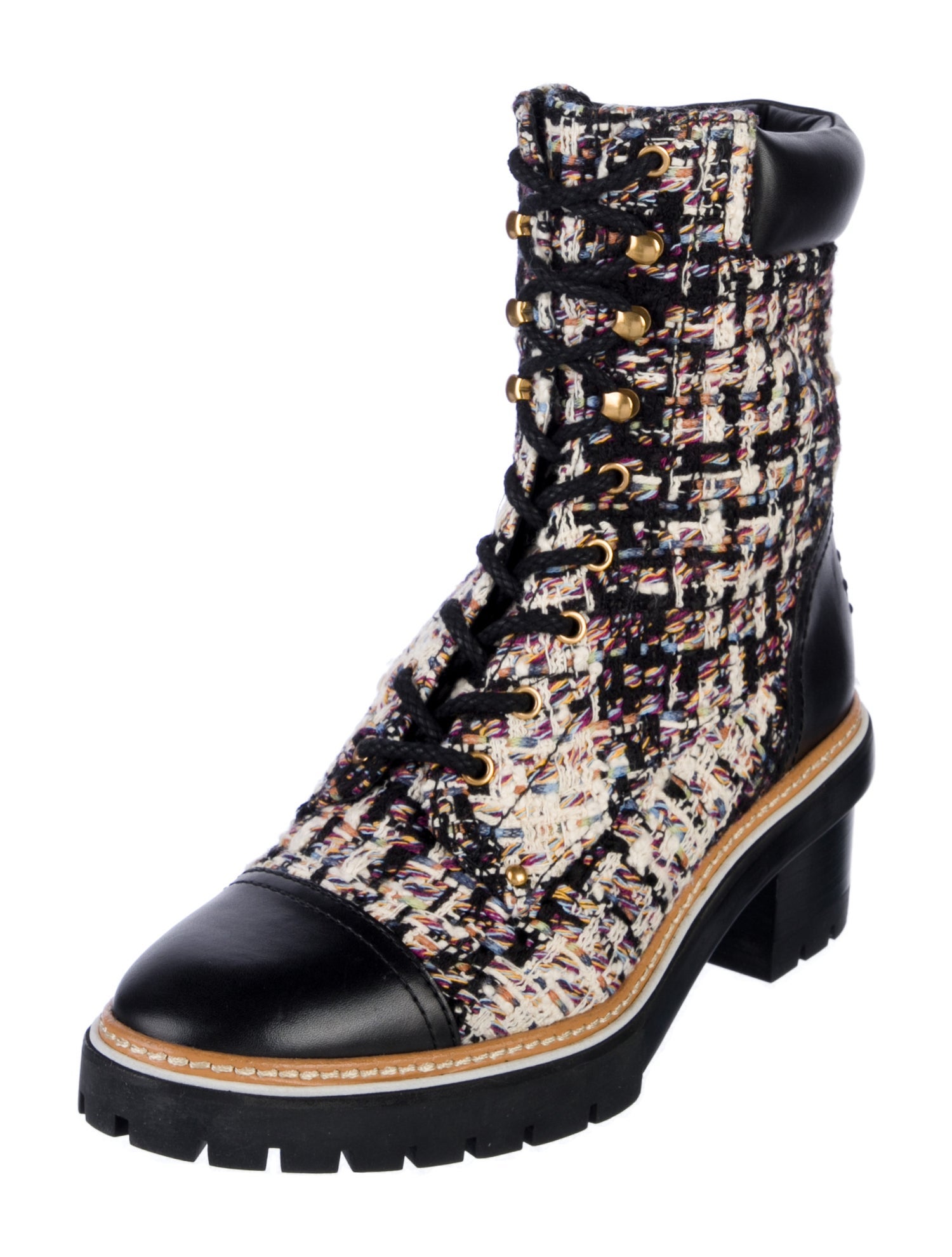 Tory Burch Tweed Tweed Pattern Combat Boots