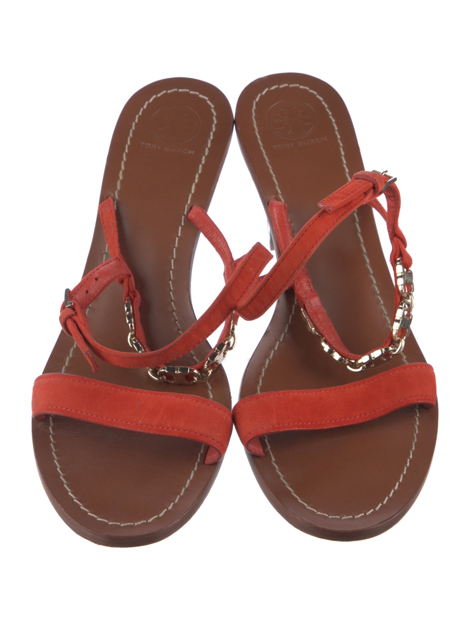 Tory Burch Suede Chain-Link Accents Slingback Sandals