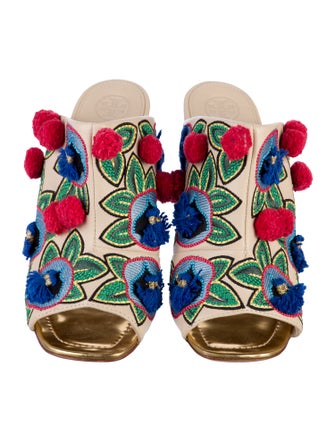 Tory Burch Leather Floral Print Slides