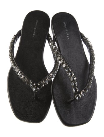 Tory Burch Leather Crystal Embellishments Slides