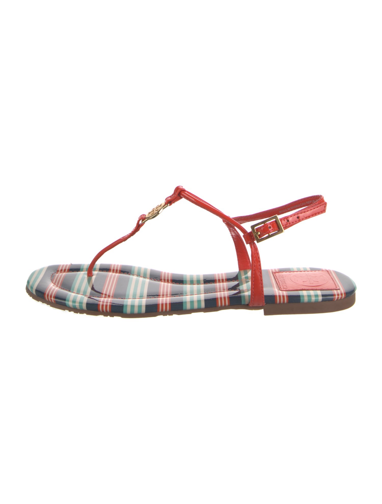 Tory Burch Patent Leather Striped T-Strap Sandals