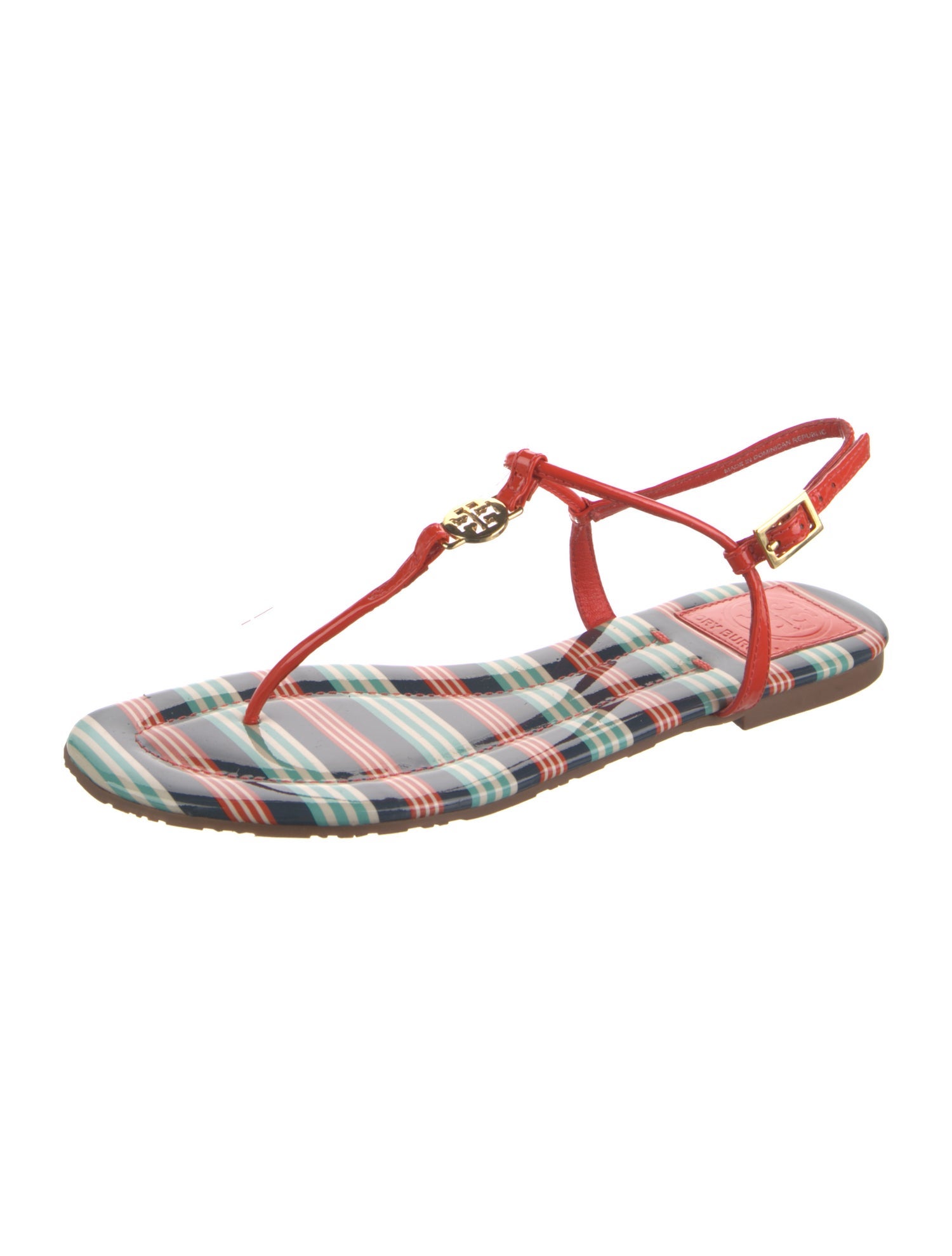 Tory Burch Patent Leather Striped T-Strap Sandals