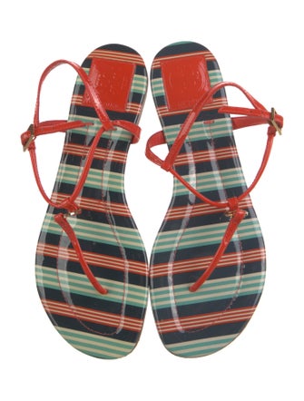 Tory Burch Patent Leather Striped T-Strap Sandals