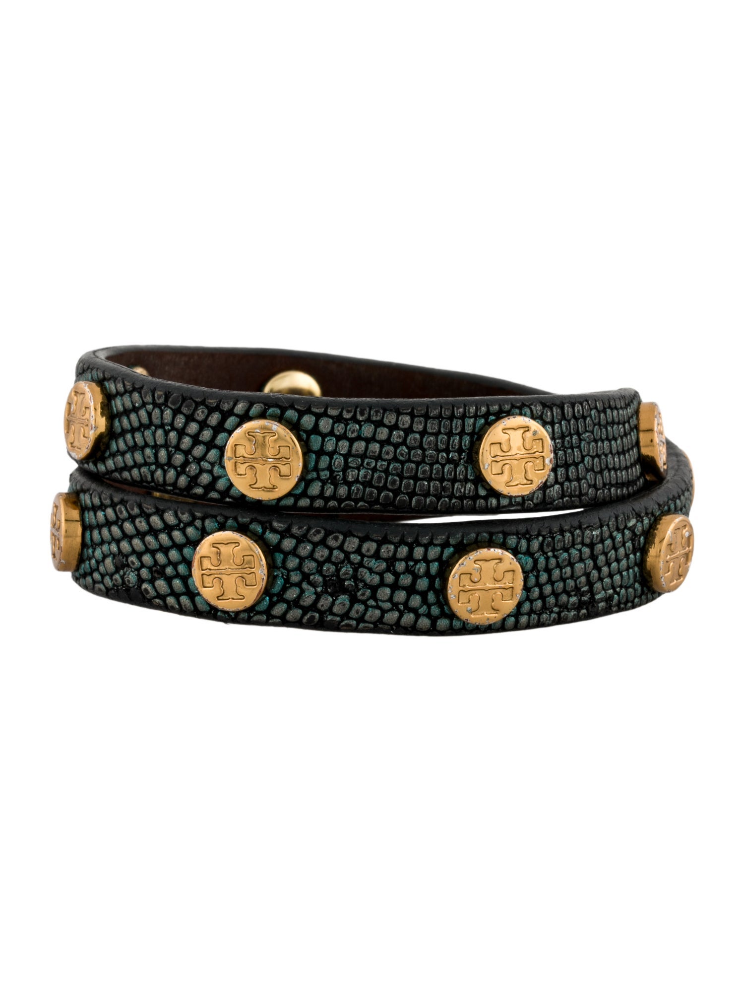 Tory Burch Leather Logo Studded Wrap Bracelet