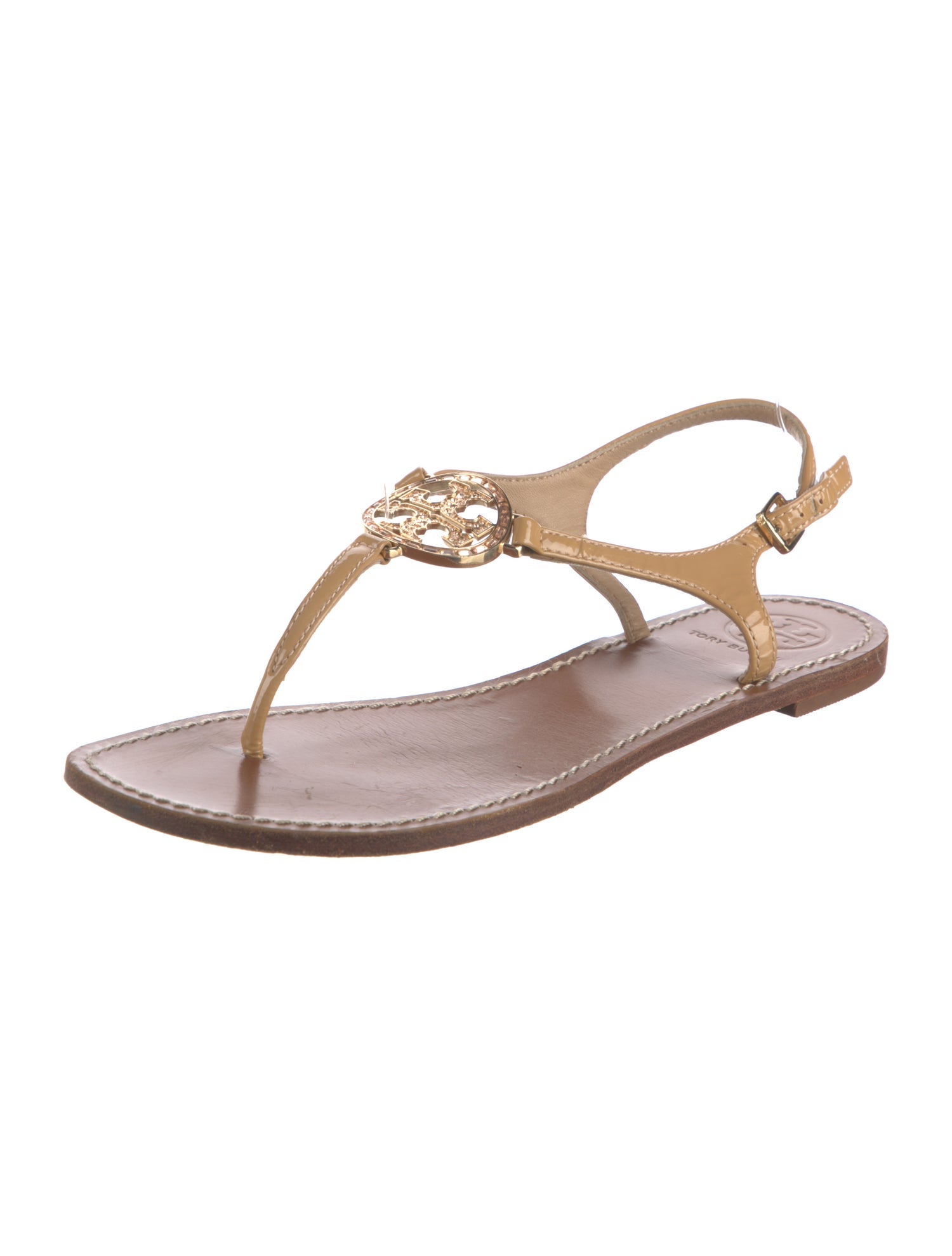 Tory Burch Patent Leather Crystal Embellishments T-Strap Sandals