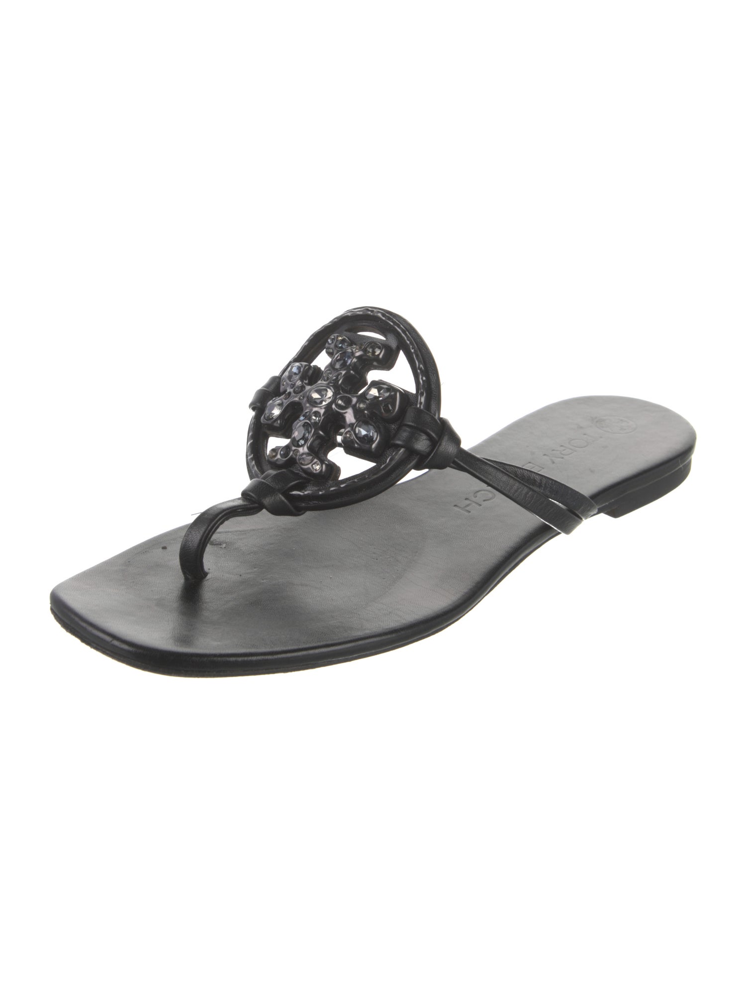 Tory Burch Leather Crystal Embellishments Slides