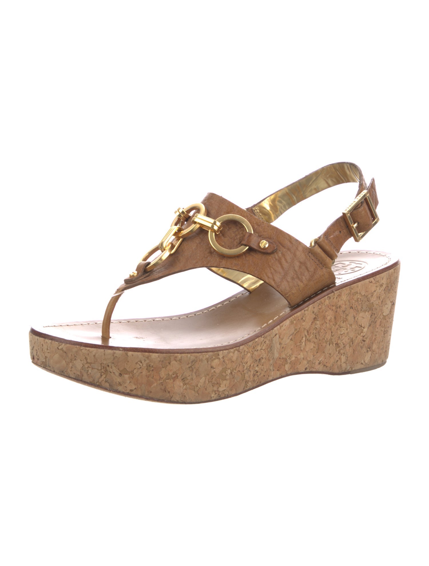 Tory Burch Leather Chain-Link Accents T-Strap Sandals