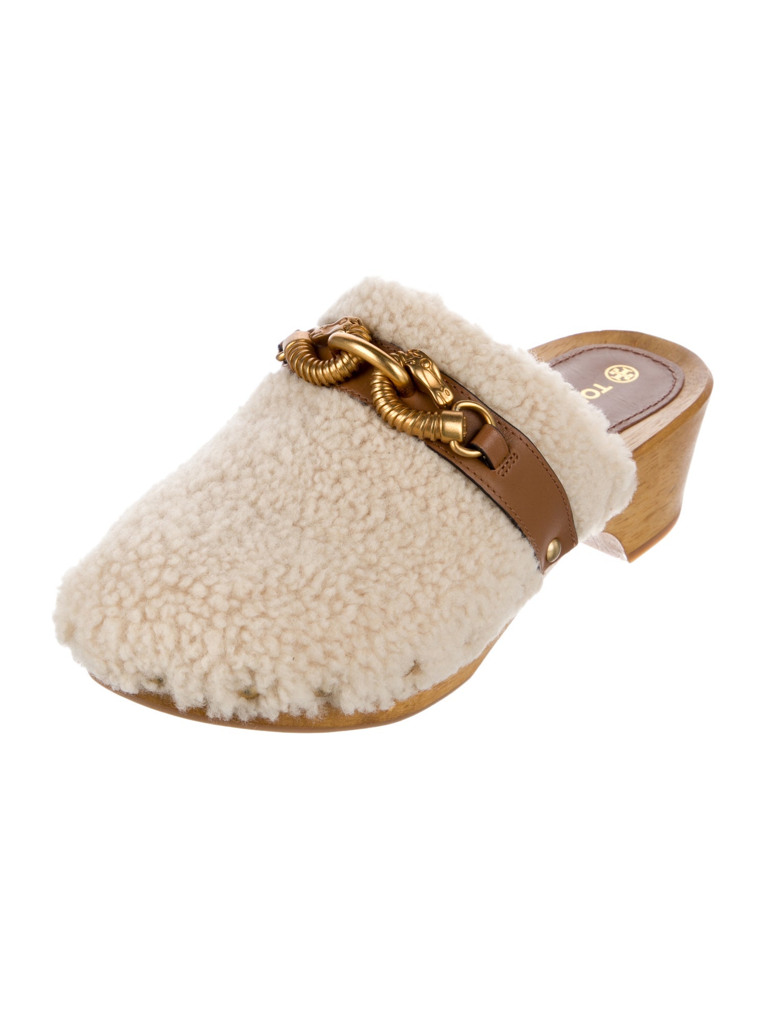 Tory Burch Shearling Chain-Link Accents Mules