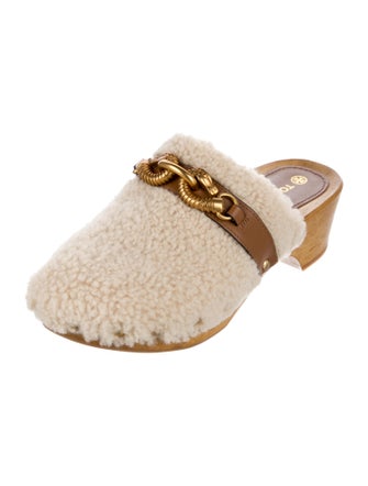 Tory Burch Shearling Chain-Link Accents Mules