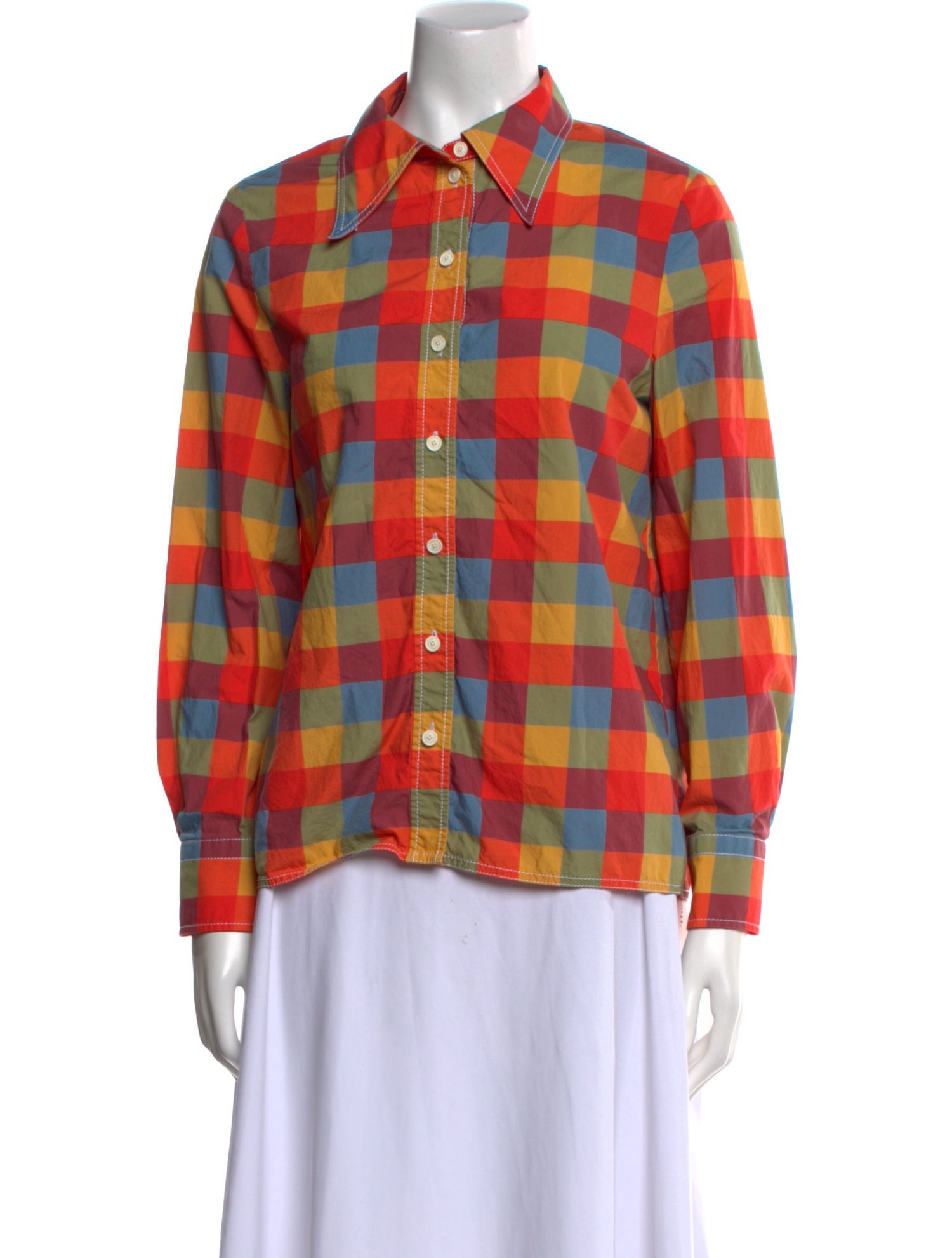 Tory Burch Plaid Print Long Sleeve Button-Up Top