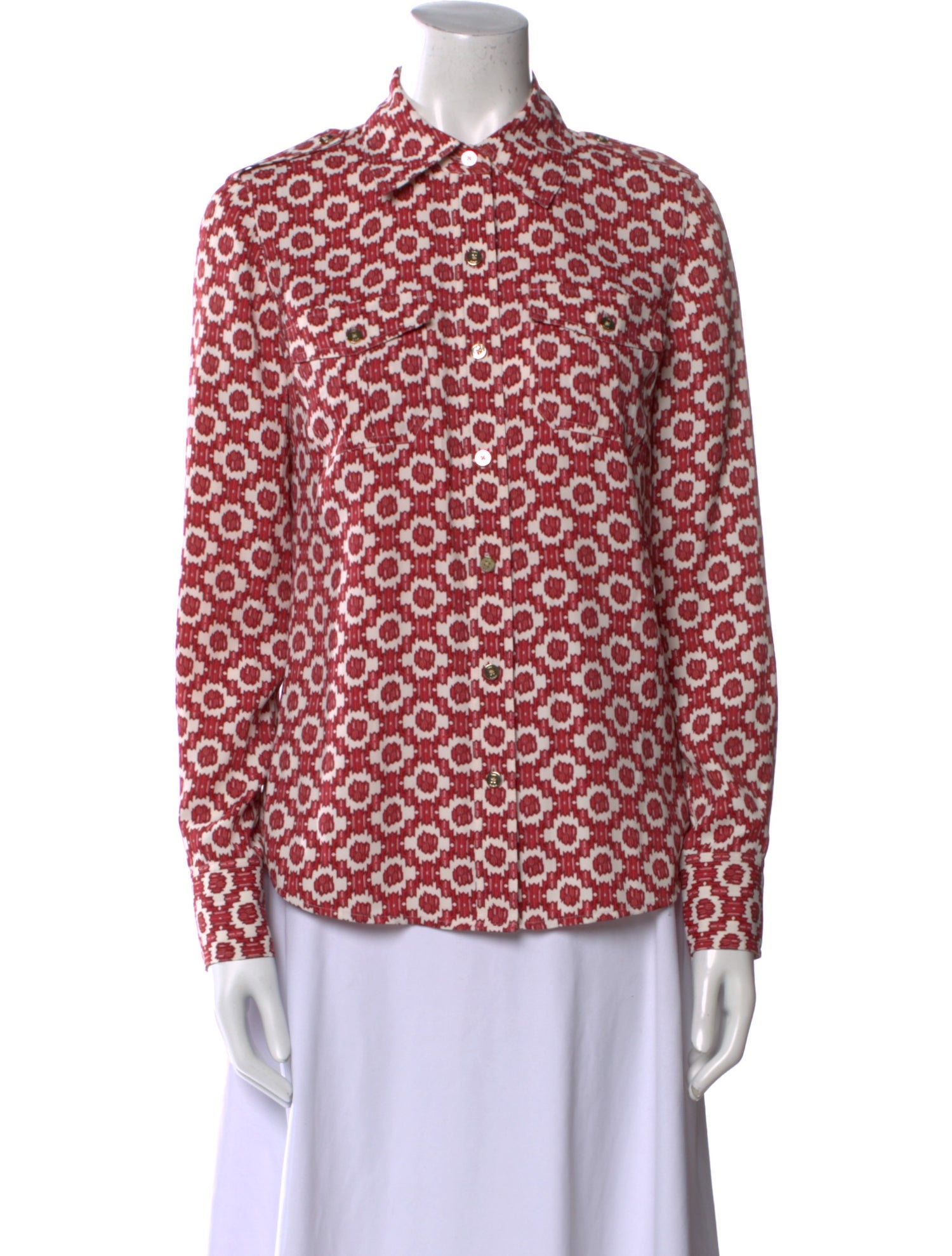 Tory Burch Printed Mock Neck Button-Up Top