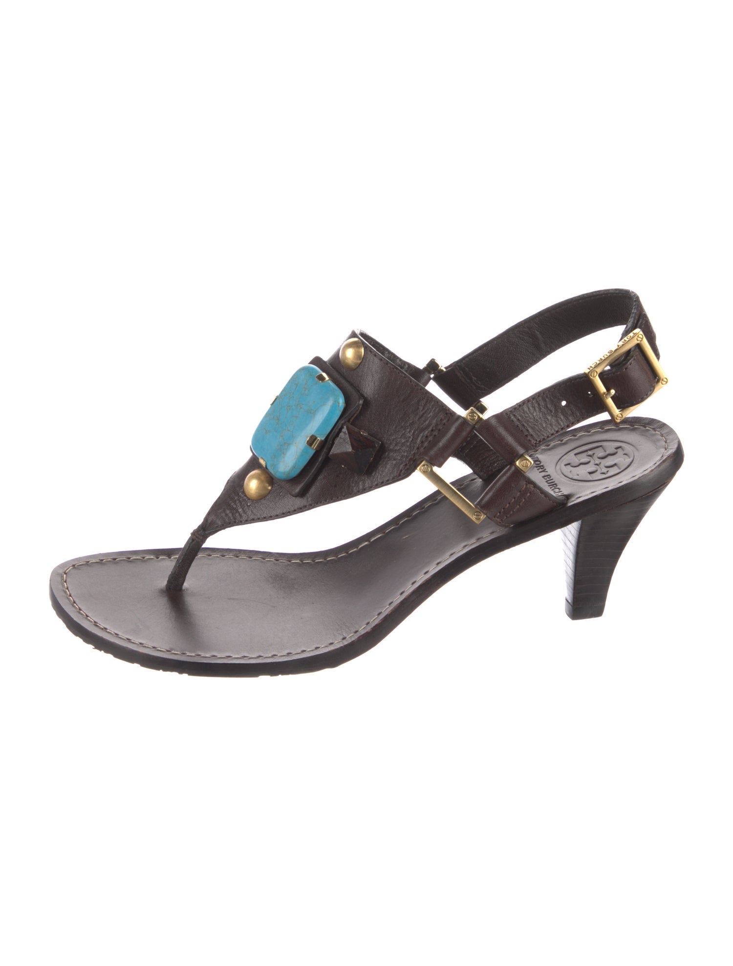 Tory Burch Leather Colorblock Pattern T-Strap Sandals