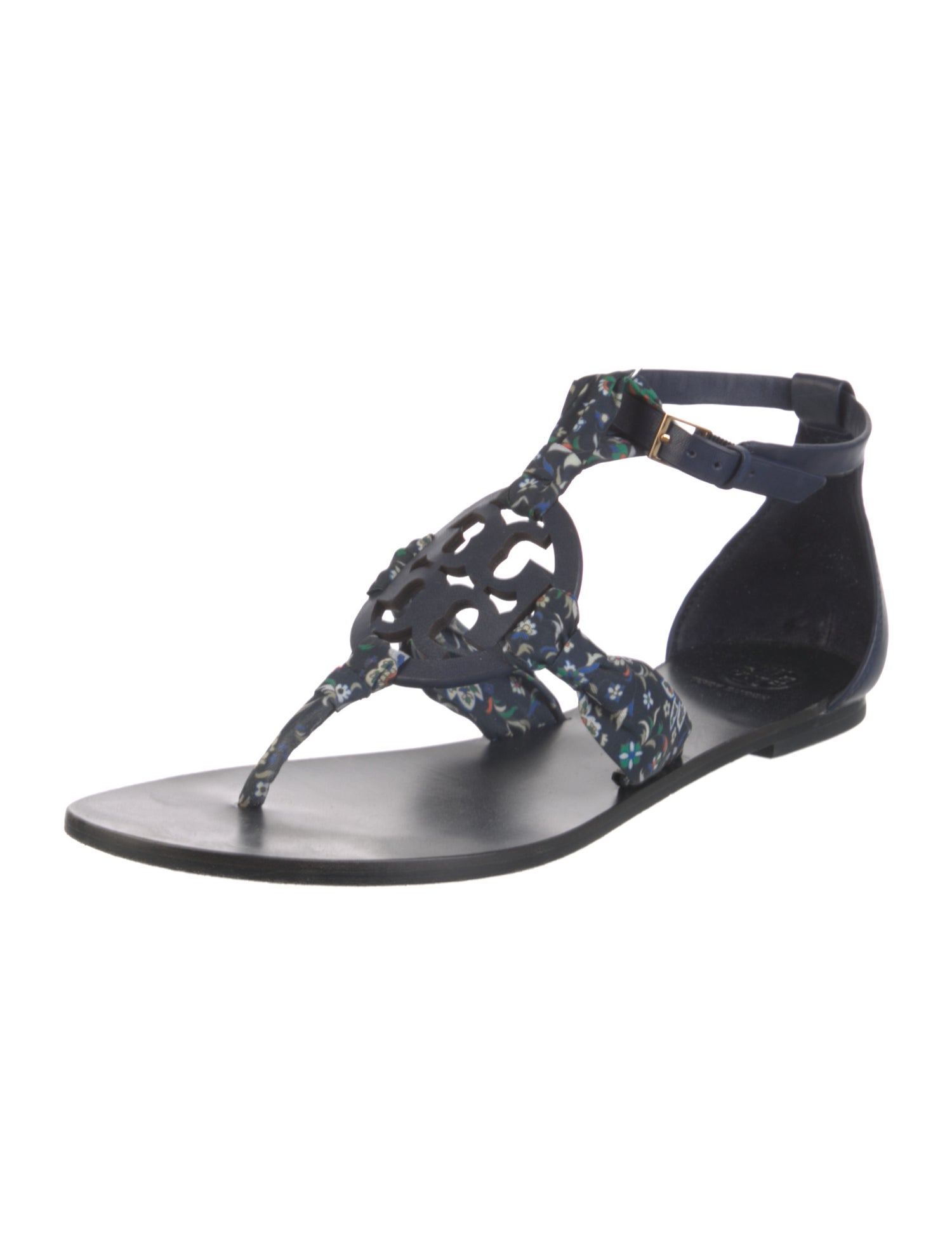 Tory Burch Leather Floral Print T-Strap Sandals
