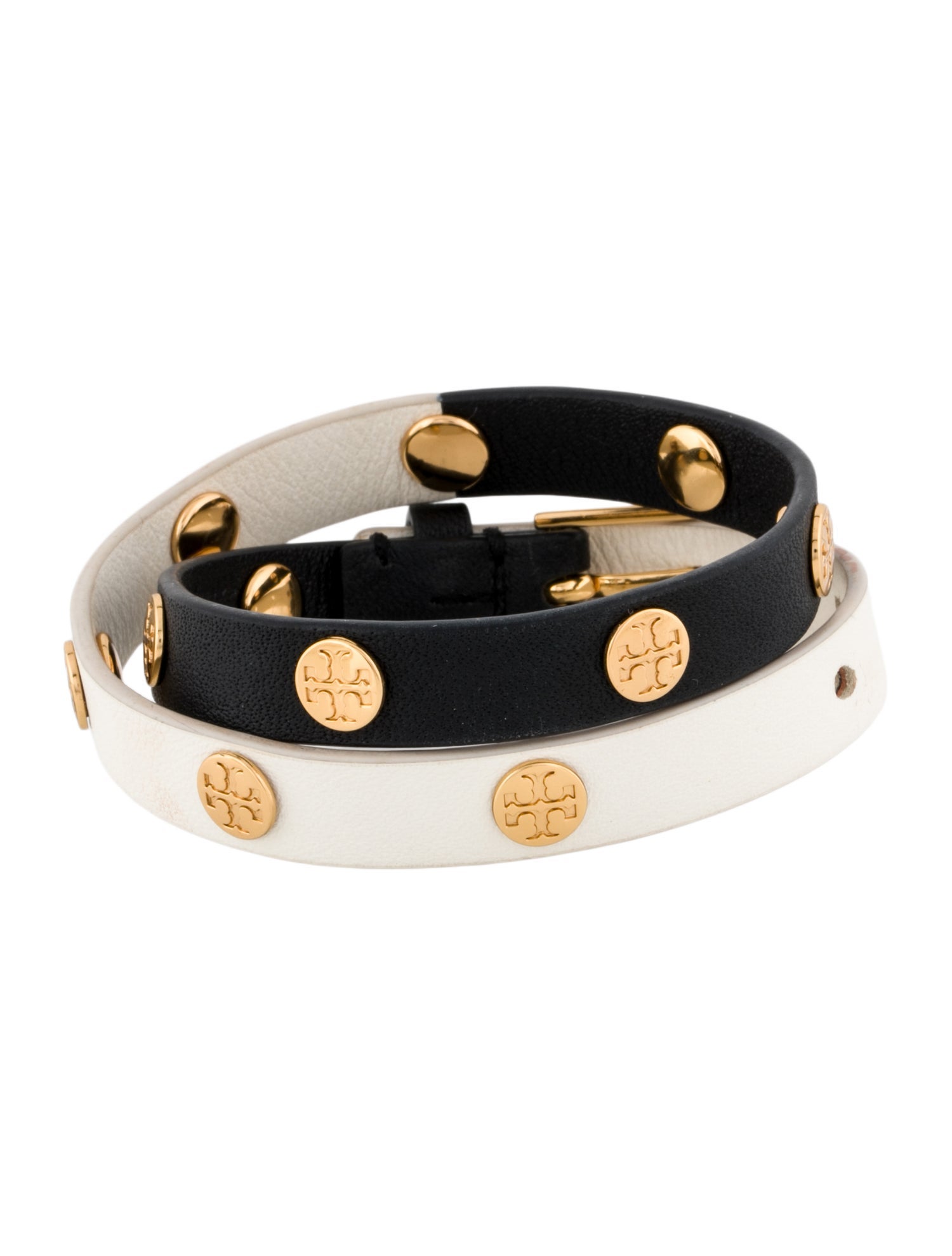 Tory Burch Leather Two-Tone Logo Studded Wrap Bracelet