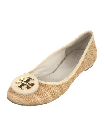 Tory Burch Raffia Leather Trim Embellishment Ballet Flats