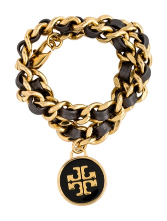 Tory Burch Leather Woven Double Wrap Chain Bracelet