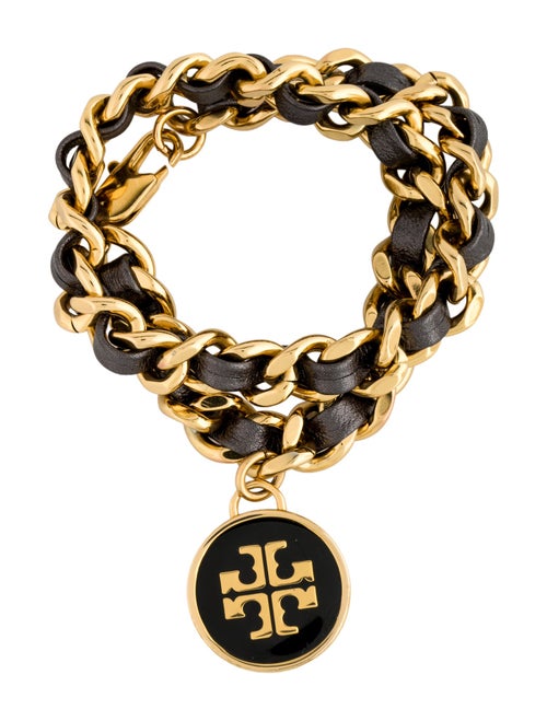 Tory Burch Leather Woven Double Wrap Chain Bracelet