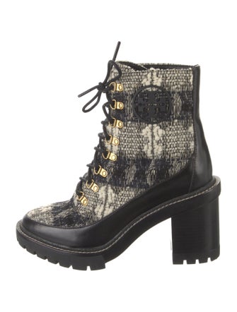 Tory Burch Leather Tweed Pattern Combat Boots