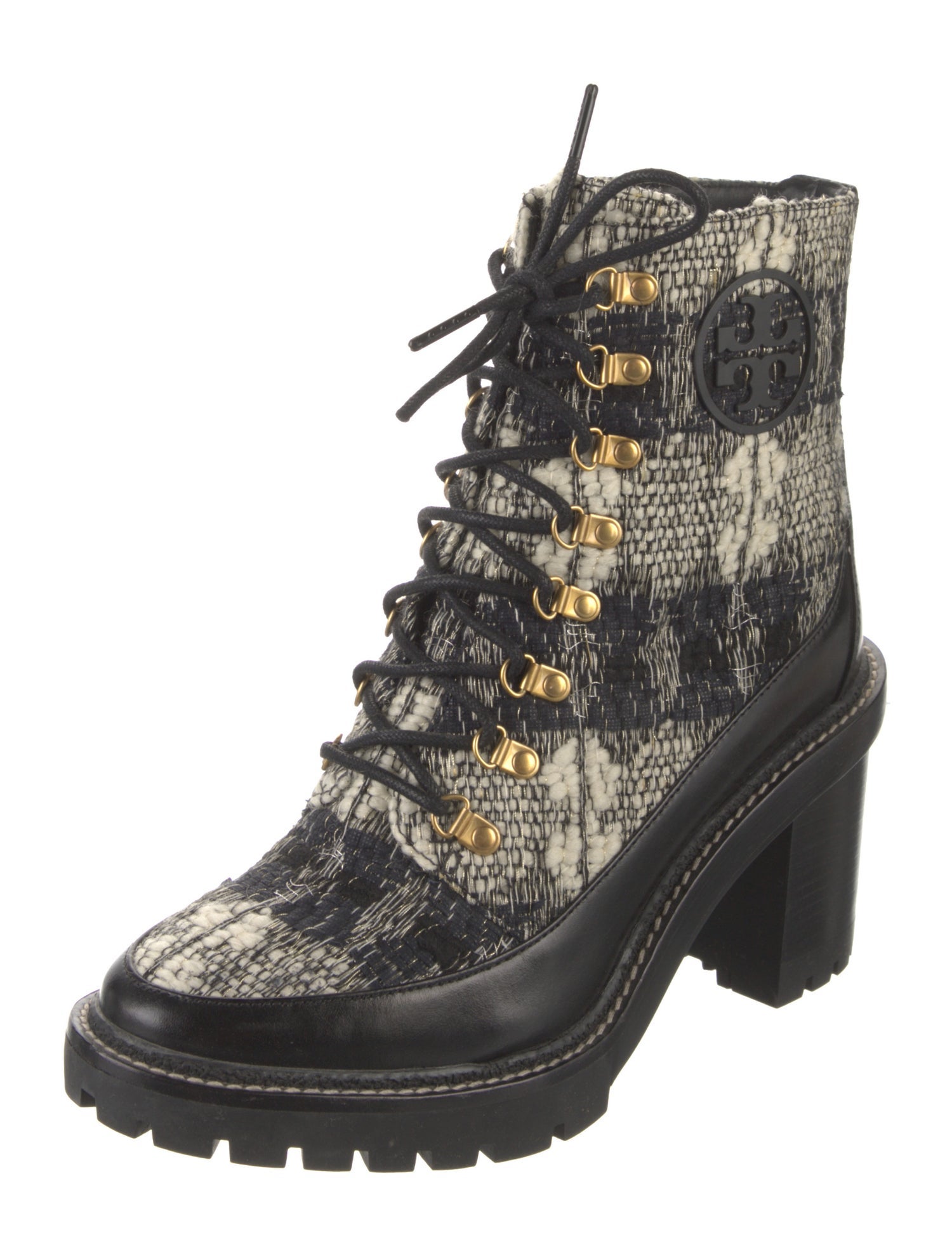 Tory Burch Leather Tweed Pattern Combat Boots
