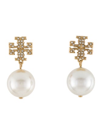 Tory Burch Faux Pearl & Crystal Logo Drop Earrings
