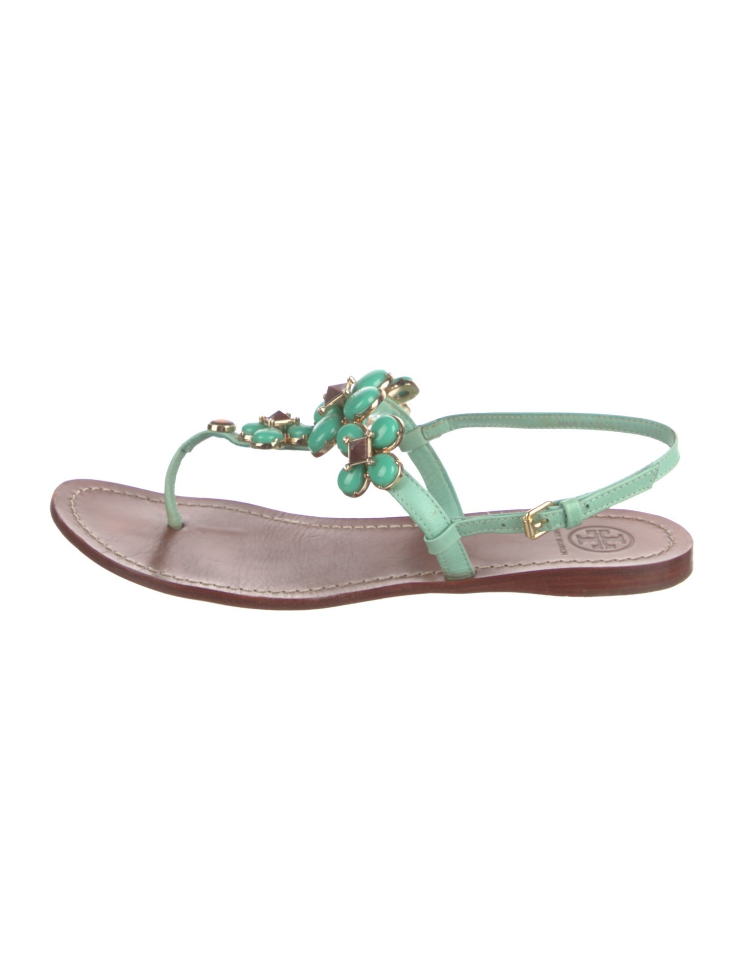 Tory Burch Leather Crystal Embellishments T-Strap Sandals