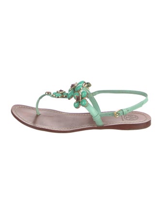 Tory Burch Leather Crystal Embellishments T-Strap Sandals
