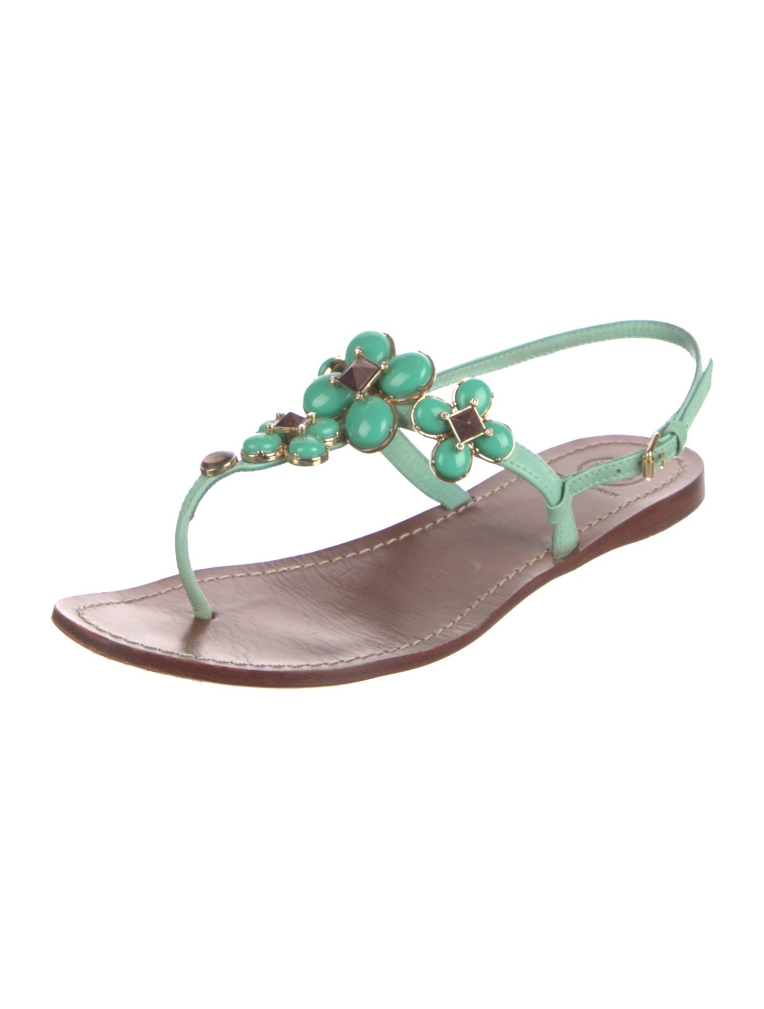Tory Burch Leather Crystal Embellishments T-Strap Sandals