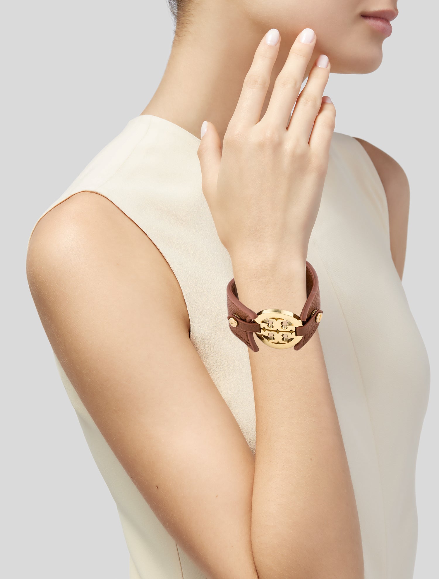 Tory Burch Leather Wide Logo Double Snap Wrap Bracelet