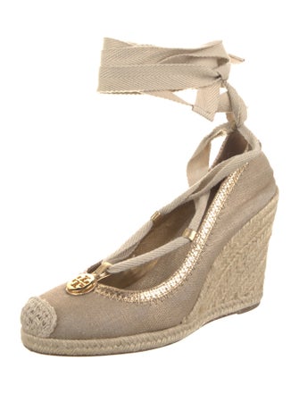 Tory Burch Canvas Leather Trim Embellishment Slingback Pumps