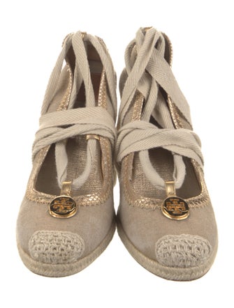 Tory Burch Canvas Leather Trim Embellishment Slingback Pumps