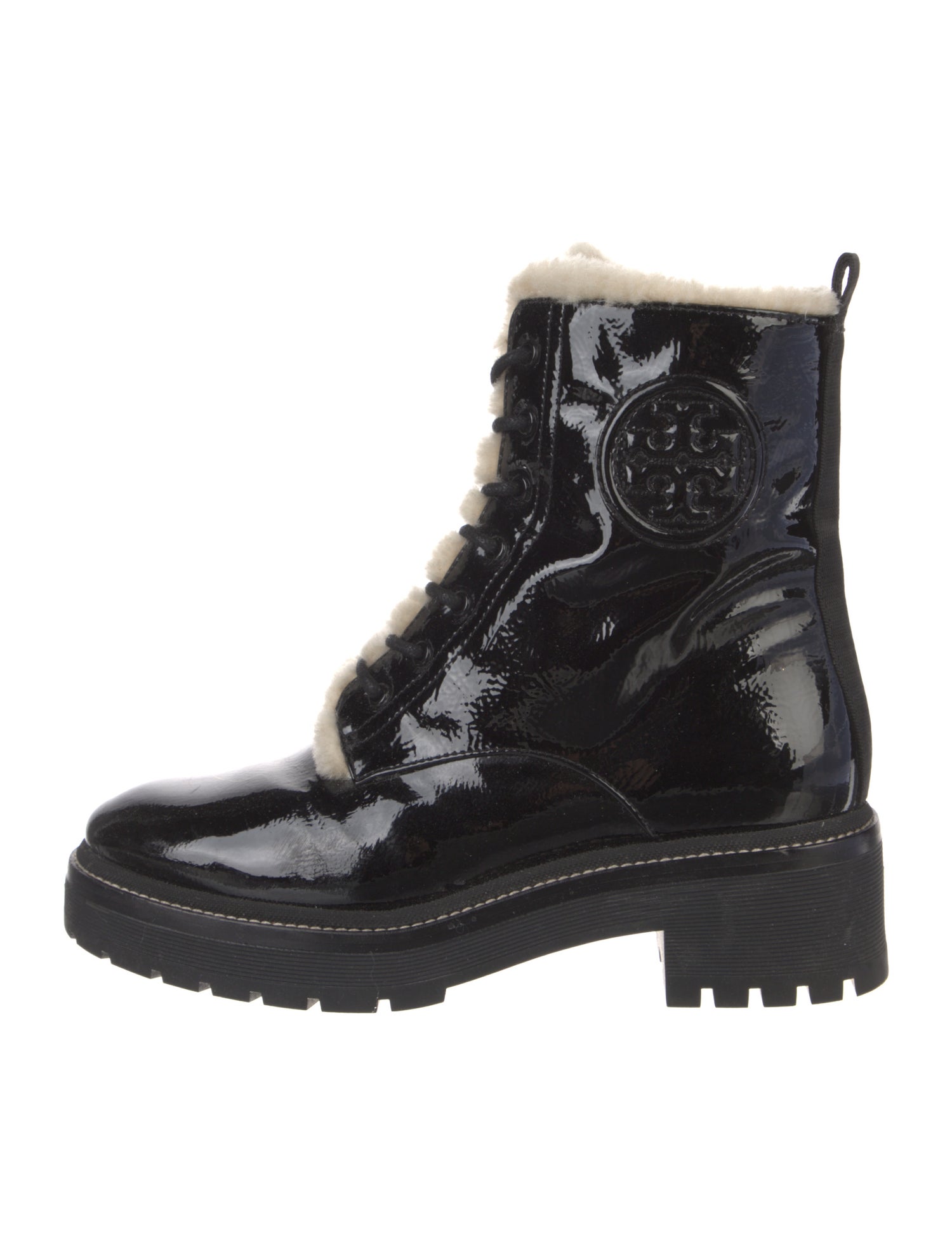 Tory Burch Patent Leather Fur Trim Combat Boots