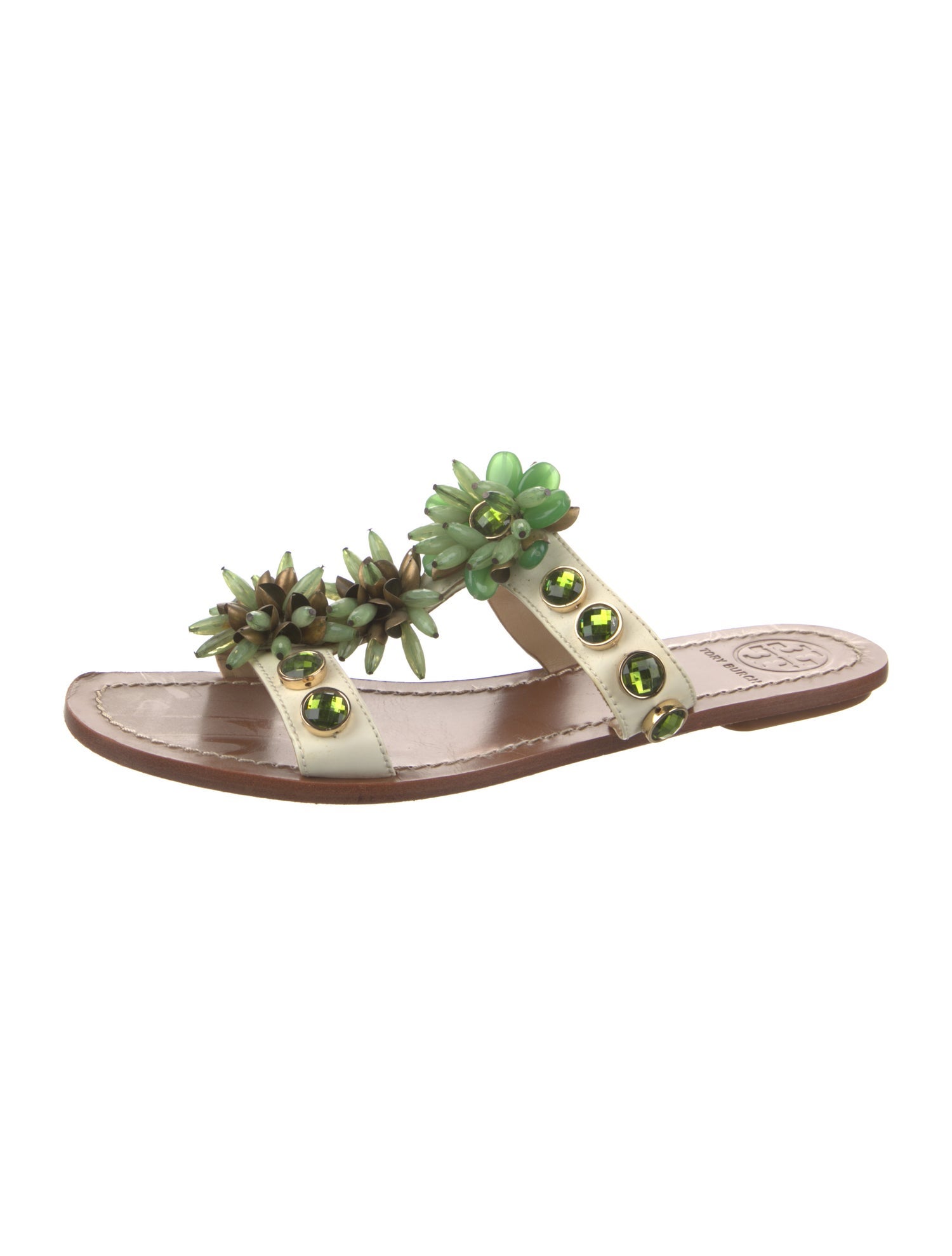 Tory Burch Leather Crystal Embellishments Slides