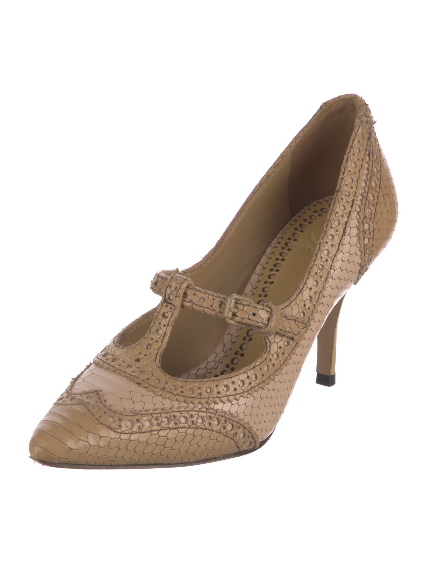 Tory Burch Embossed Leather Patterned T-Strap Pumps