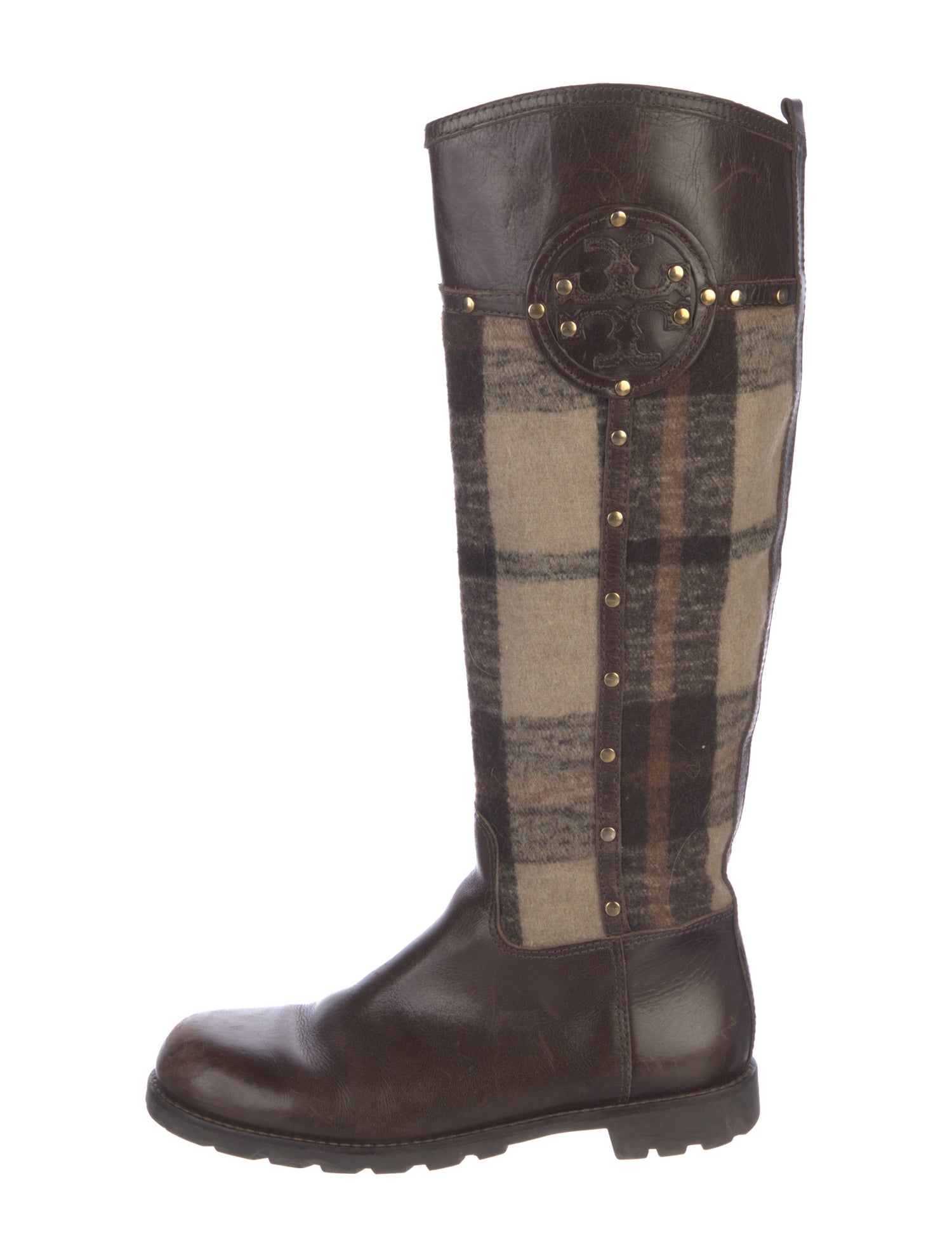 Tory Burch Leather Plaid Print Riding Boots