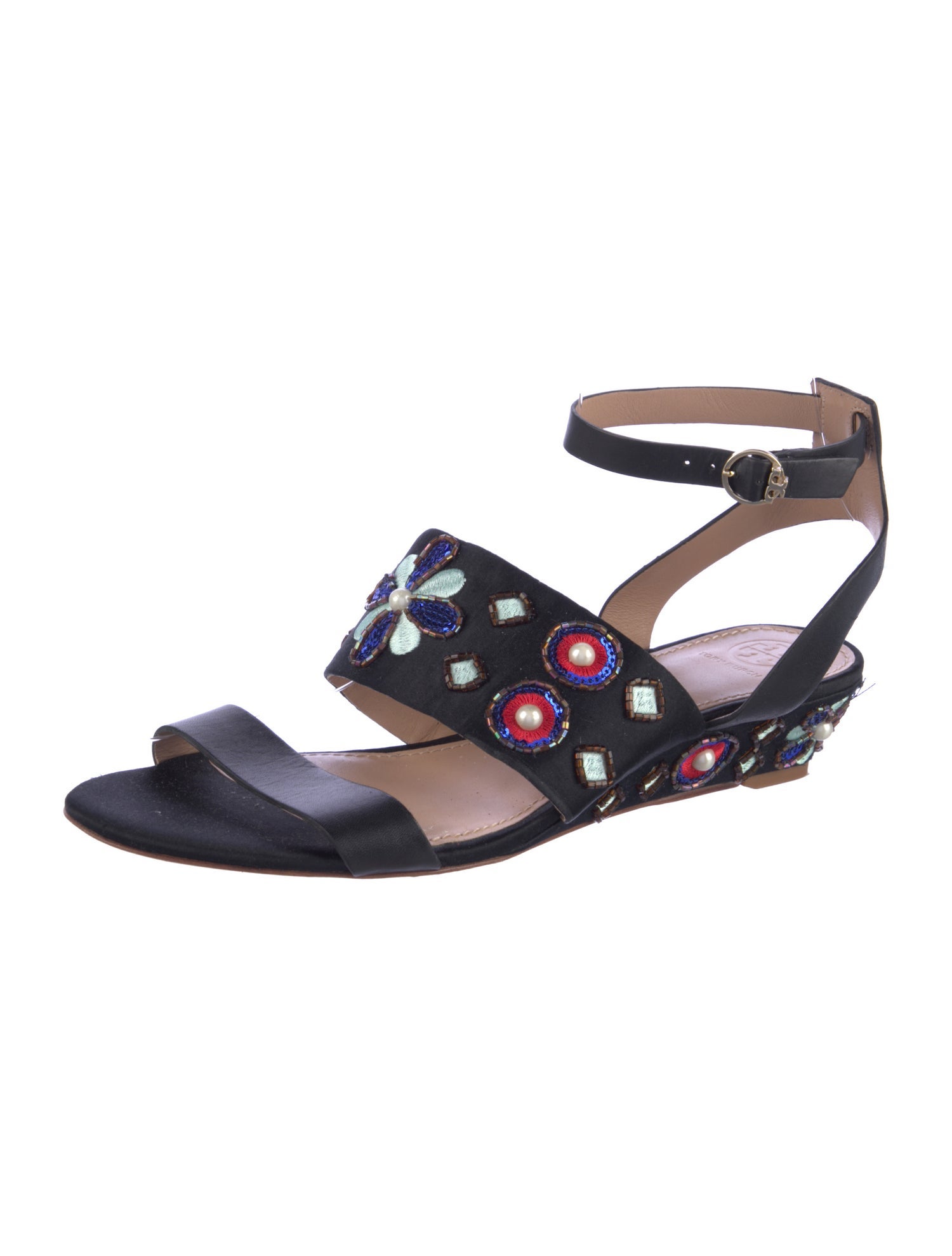 Tory Burch Faux Pearl Accents Satin Gladiator Sandals