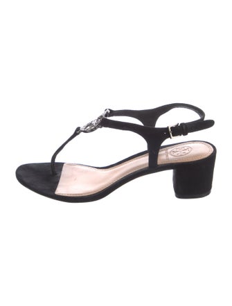 Tory Burch Suede Crystal Embellishments T-Strap Sandals