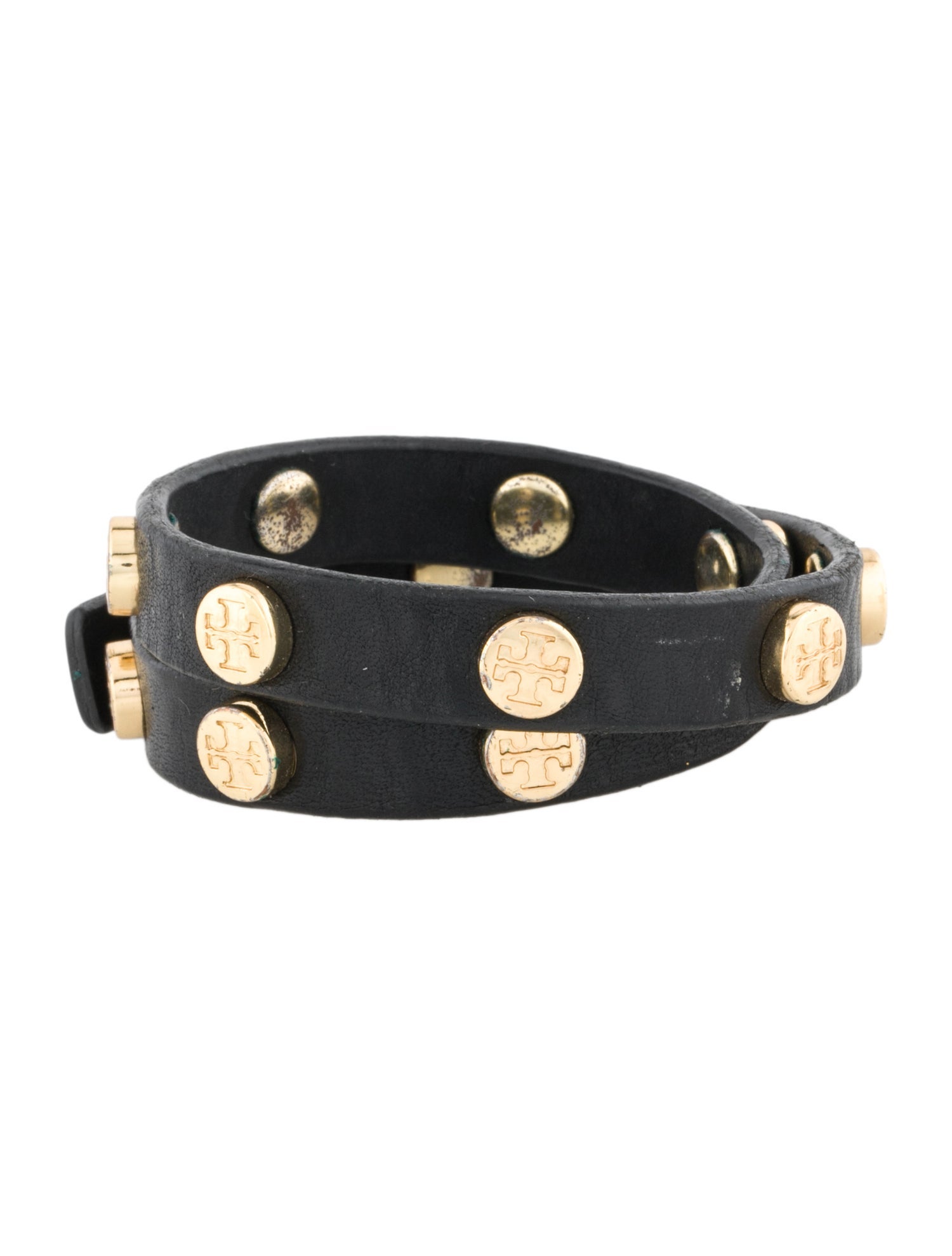 Tory Burch Leather Logo Studded Wrap Bracelet