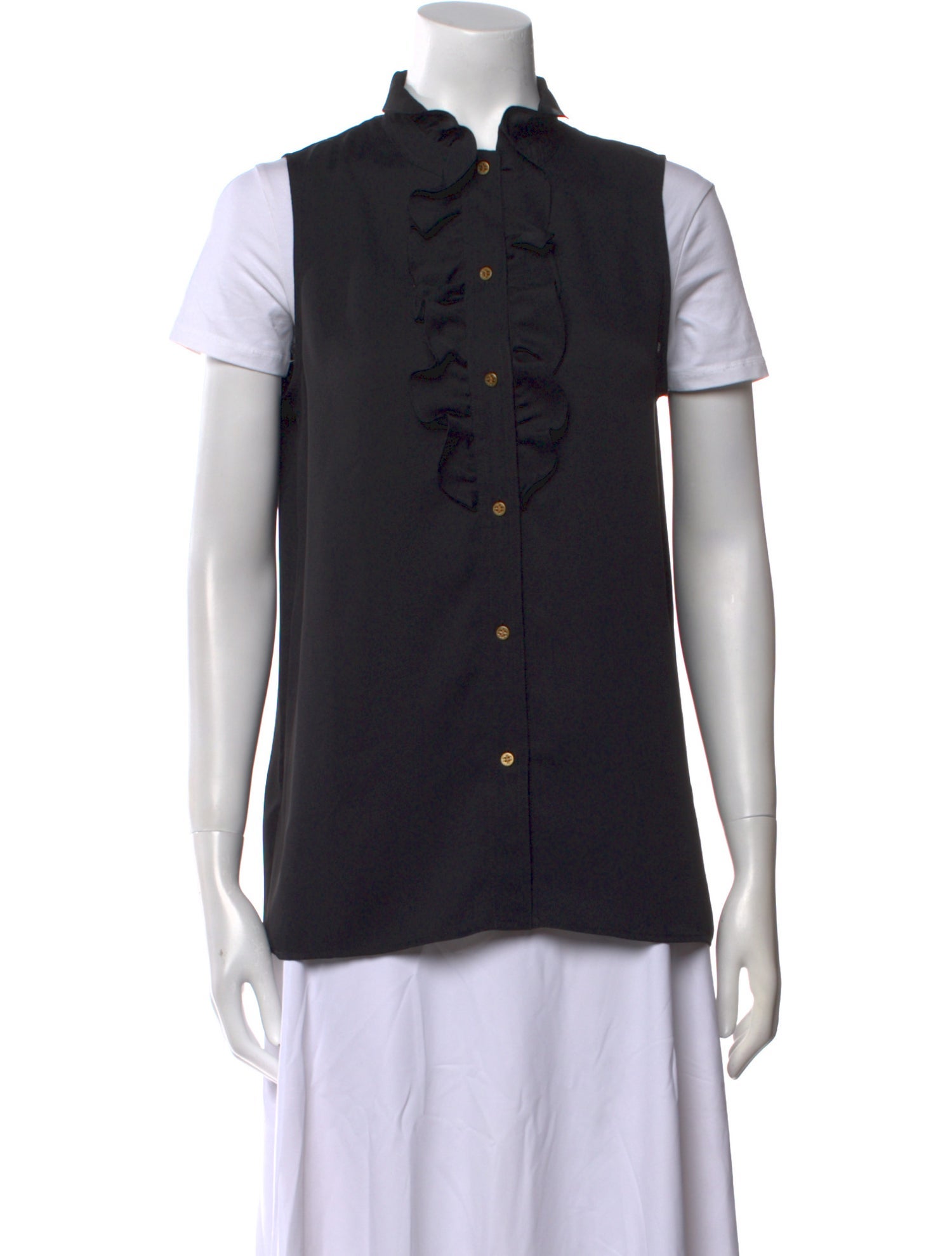 Tory Burch Mock Neck Short Sleeve Button-Up Top