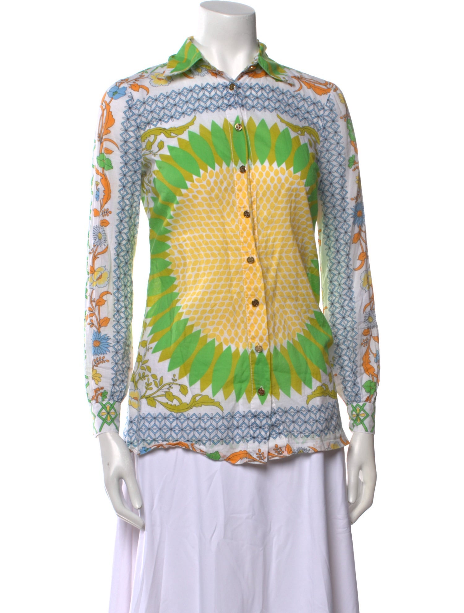 Tory Burch Printed Three-Quarter Sleeve Button-Up Top