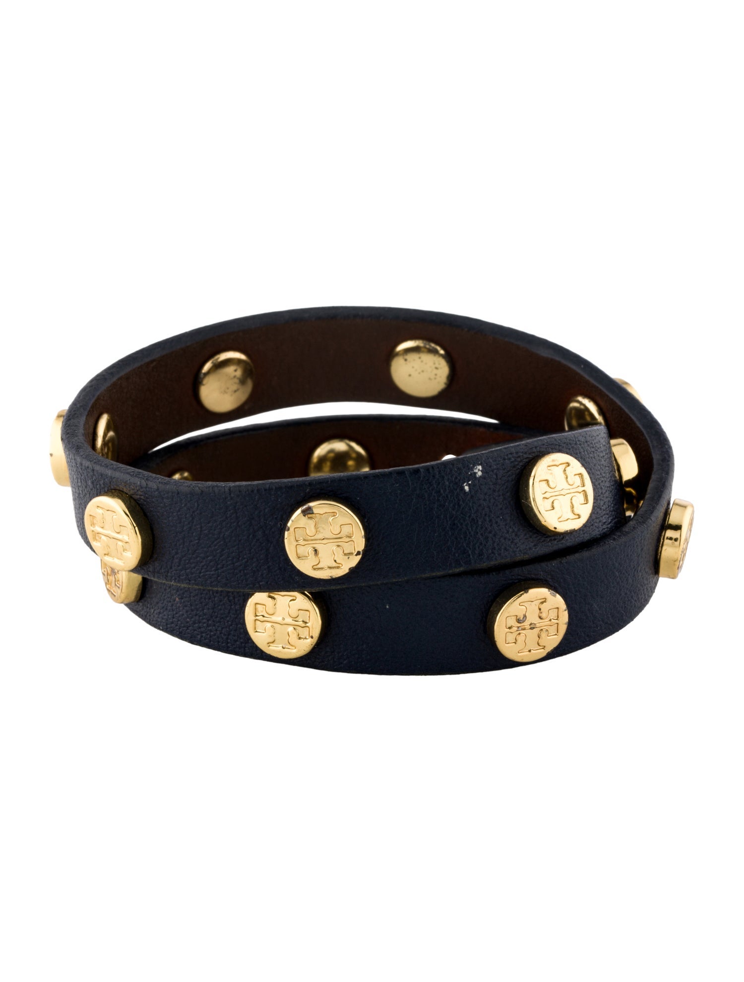 Tory Burch Leather Logo Studded Double Wrap Bracelet