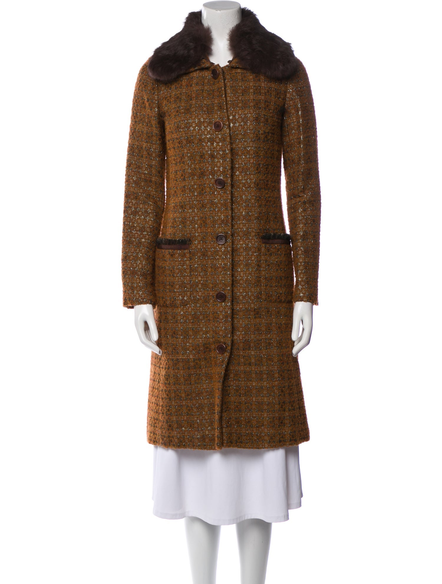 Tory Burch Wool Tweed Pattern Fur Coat